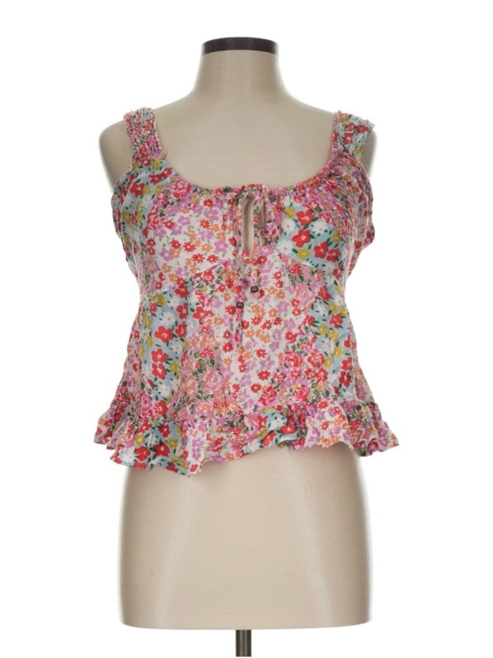 Angie Pink Floral Tie-Front Ruffle Camisole